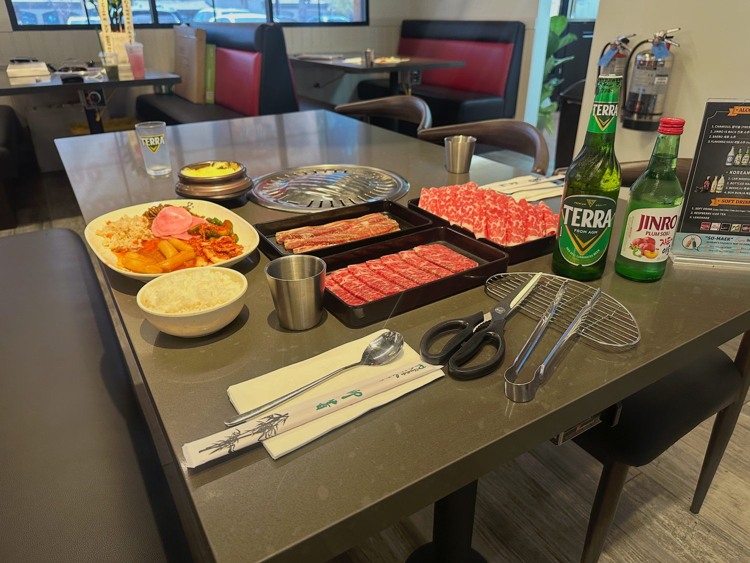 A full table spread at K-Top, ready to grill